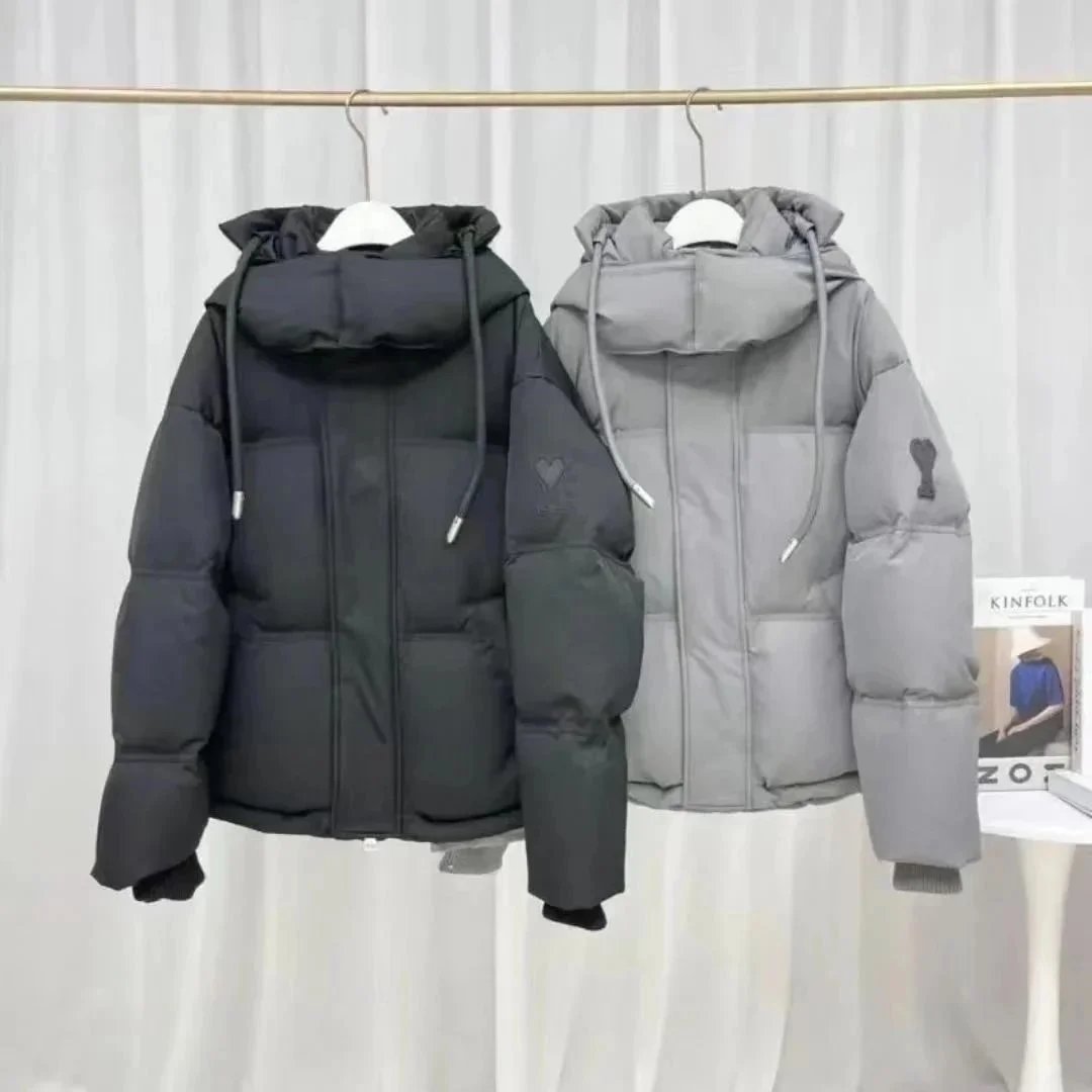 AMI Paris Hooded Quilted Puffer Jacket with Sleeve Logo