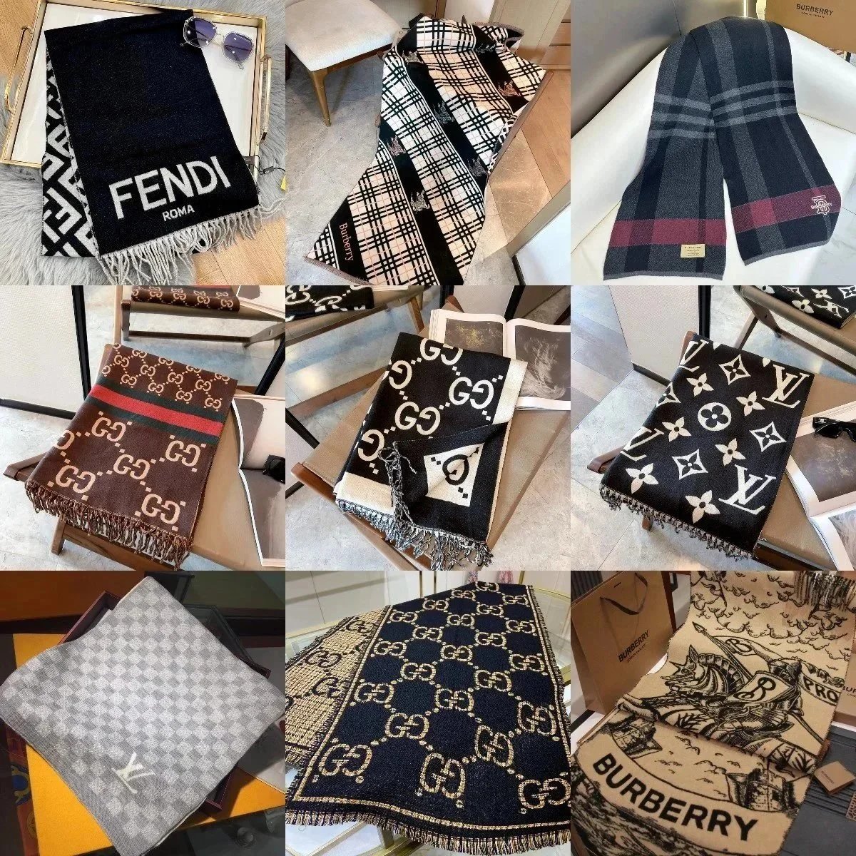 Sciarpe con motivi monogramma e geometrie jacquard