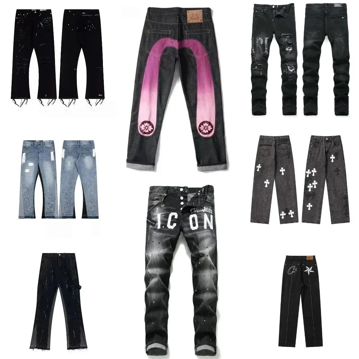 Jean Denim Délavé avec Détails Graphiques et Déchirures