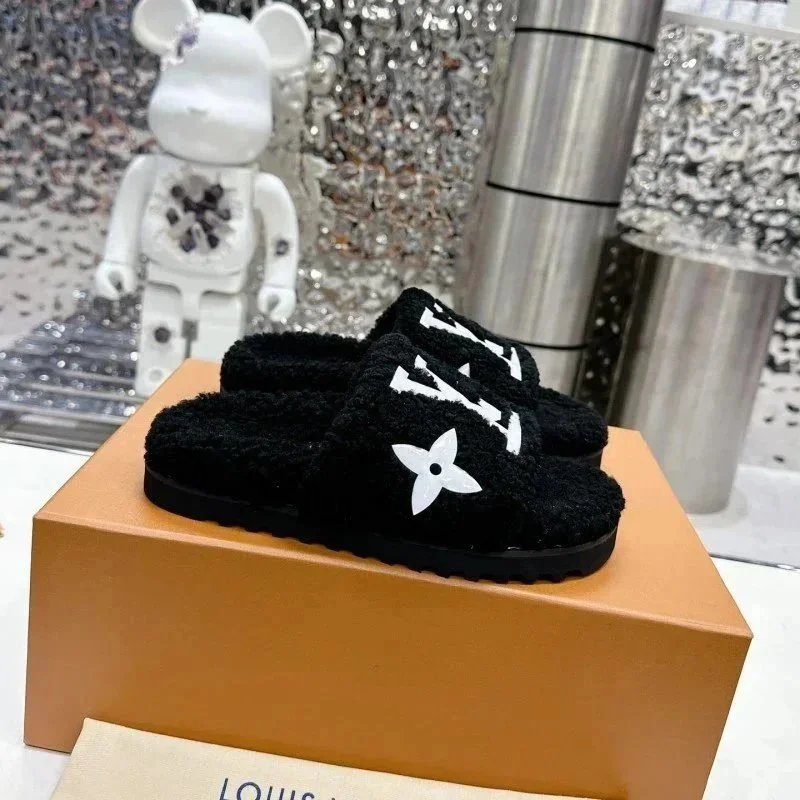 Ploché Pantofle Louis Vuitton Paseo s Huňatým Povrchem