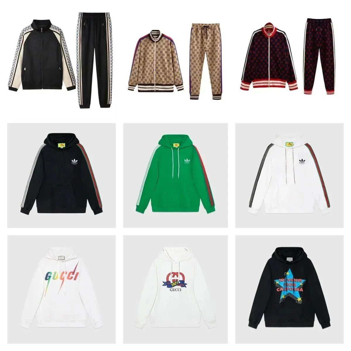 Bluzy z kapturem, bluzy bez kaptura i dresy z motywami Gucci i adidas