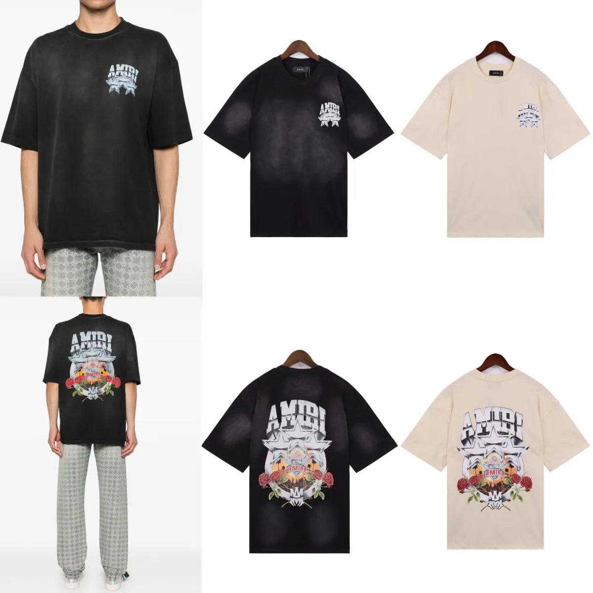 Camiseta de manga corta con estampado de estrellas y rosas Amiri