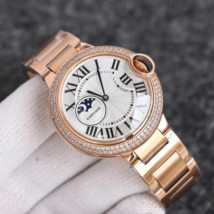 Cartier Ballon Bleu Style Round Watch with Enclosed Crown and Roman Numerals