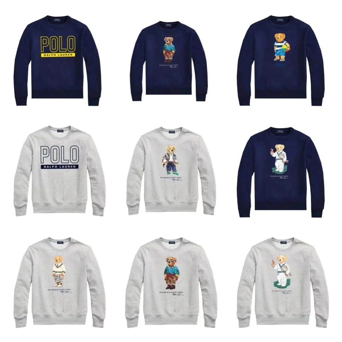 Crewneck Graphic Sweatshirt with Polo Bear and Logo Prints