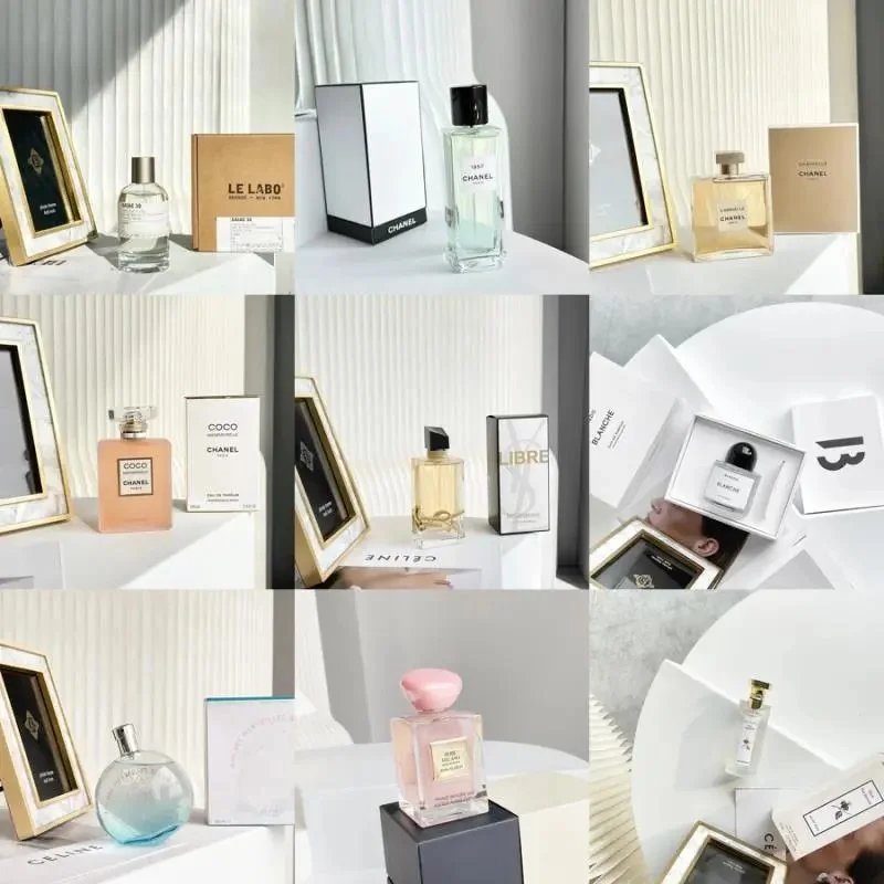 Selezione di profumi con flaconi quadrati, alti e arrotondati