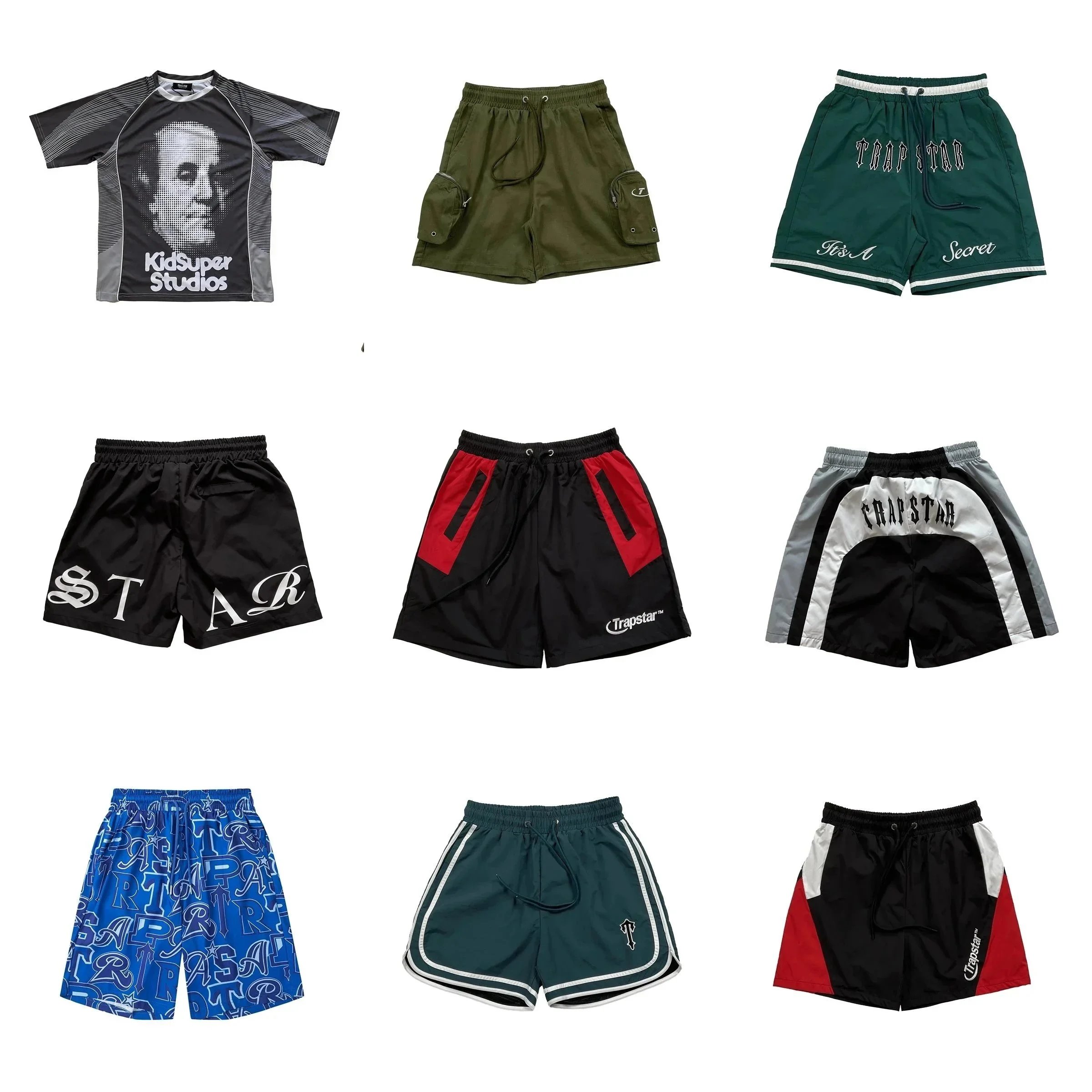 Auswahl aus Trapstar-Shorts und Grafik-Oberteilen