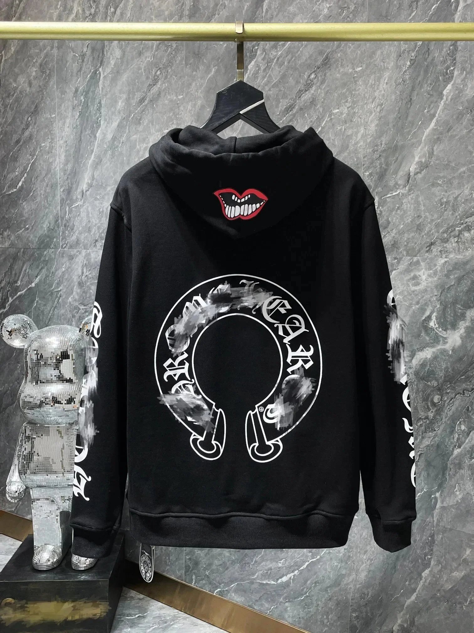 Graphic Hooded Sweatshirt with Horseshoe, Spiderweb and Patch-Style Prints