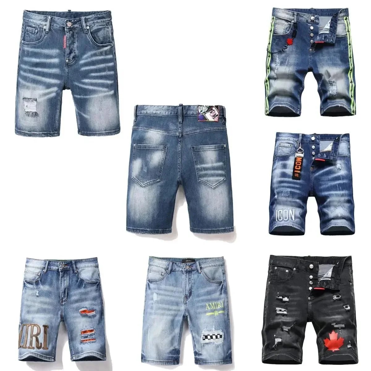 Shorts jeans lavados com patches gráficos, desgaste e listras laterais