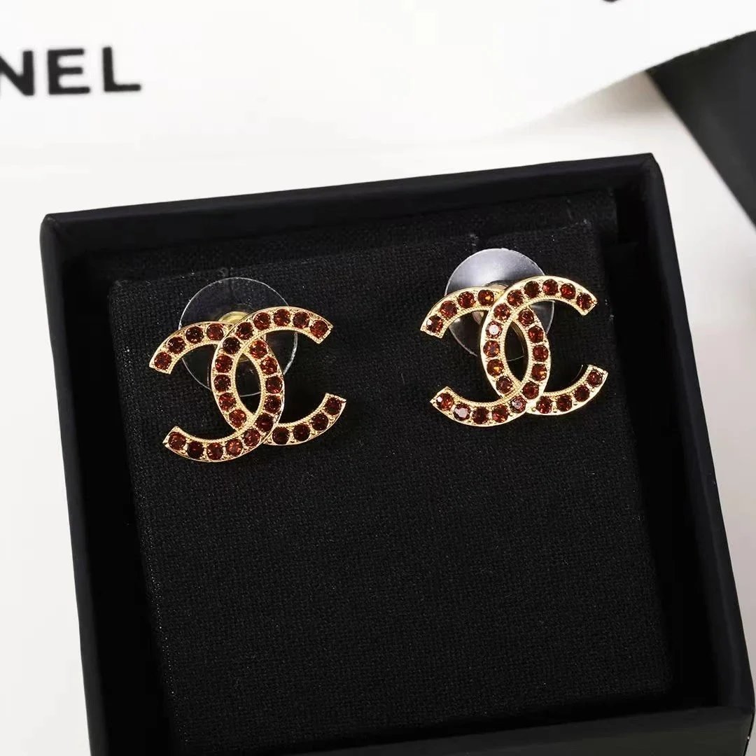Chanel Double-C Stud Earrings with Amber-Tone Stones in Gold-Tone Finish