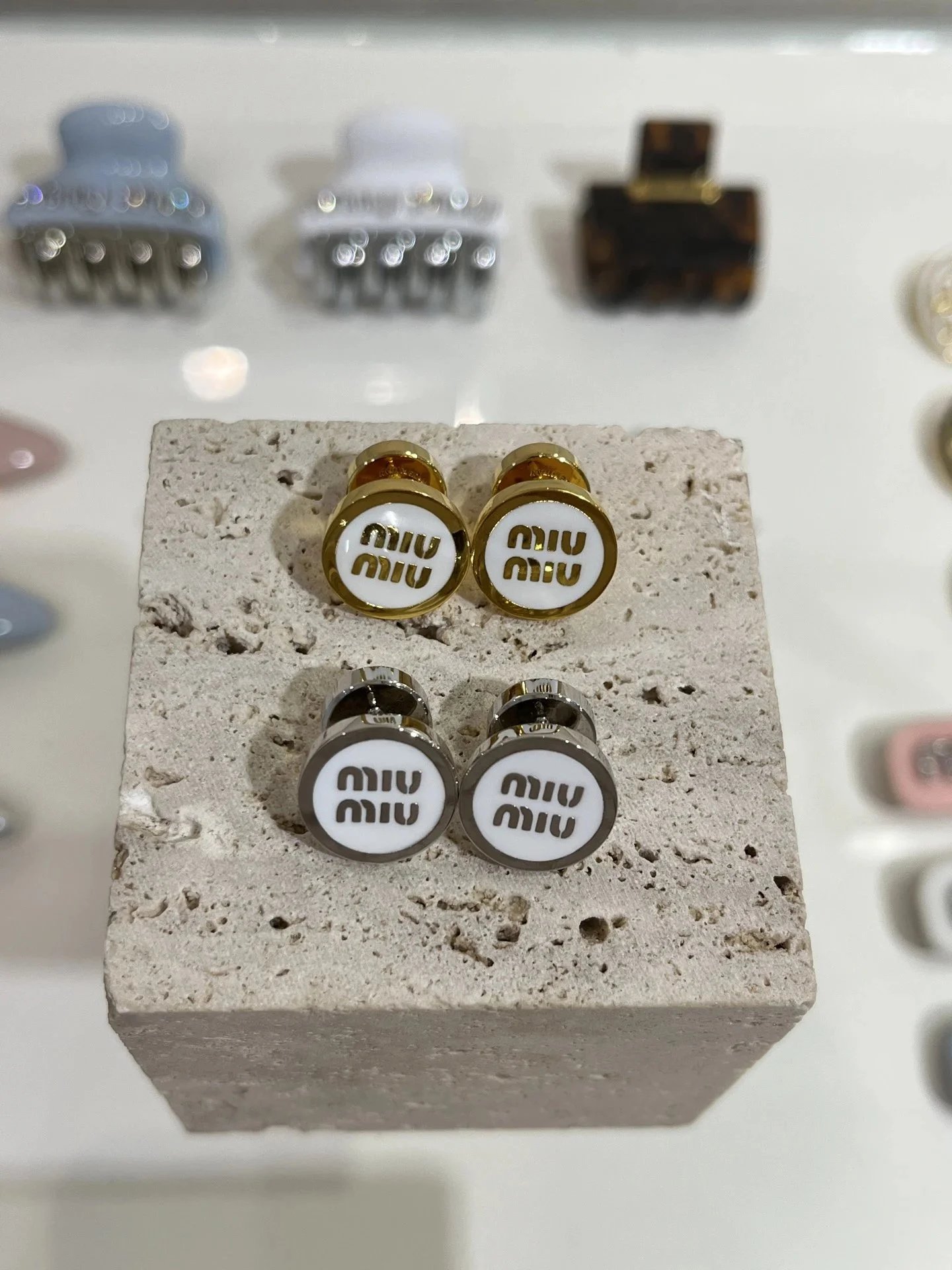Miu Miu Round Button Stud Earrings with White Letter Face