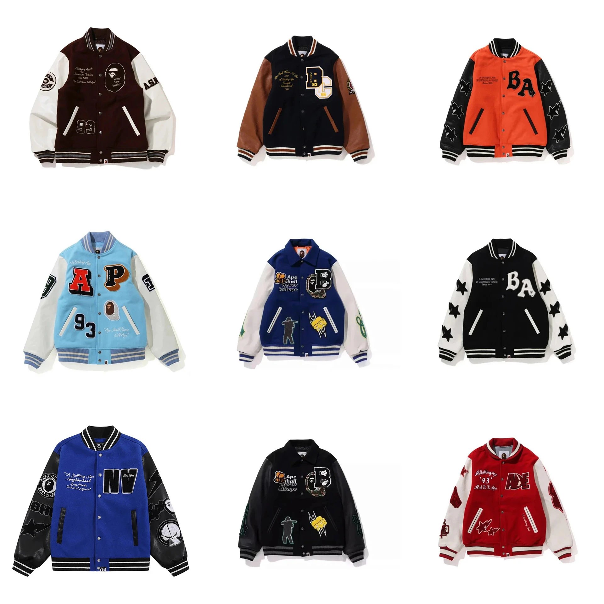 BAPE Varsity Baseball Jacket with Patch Graphics and Striped Trim
