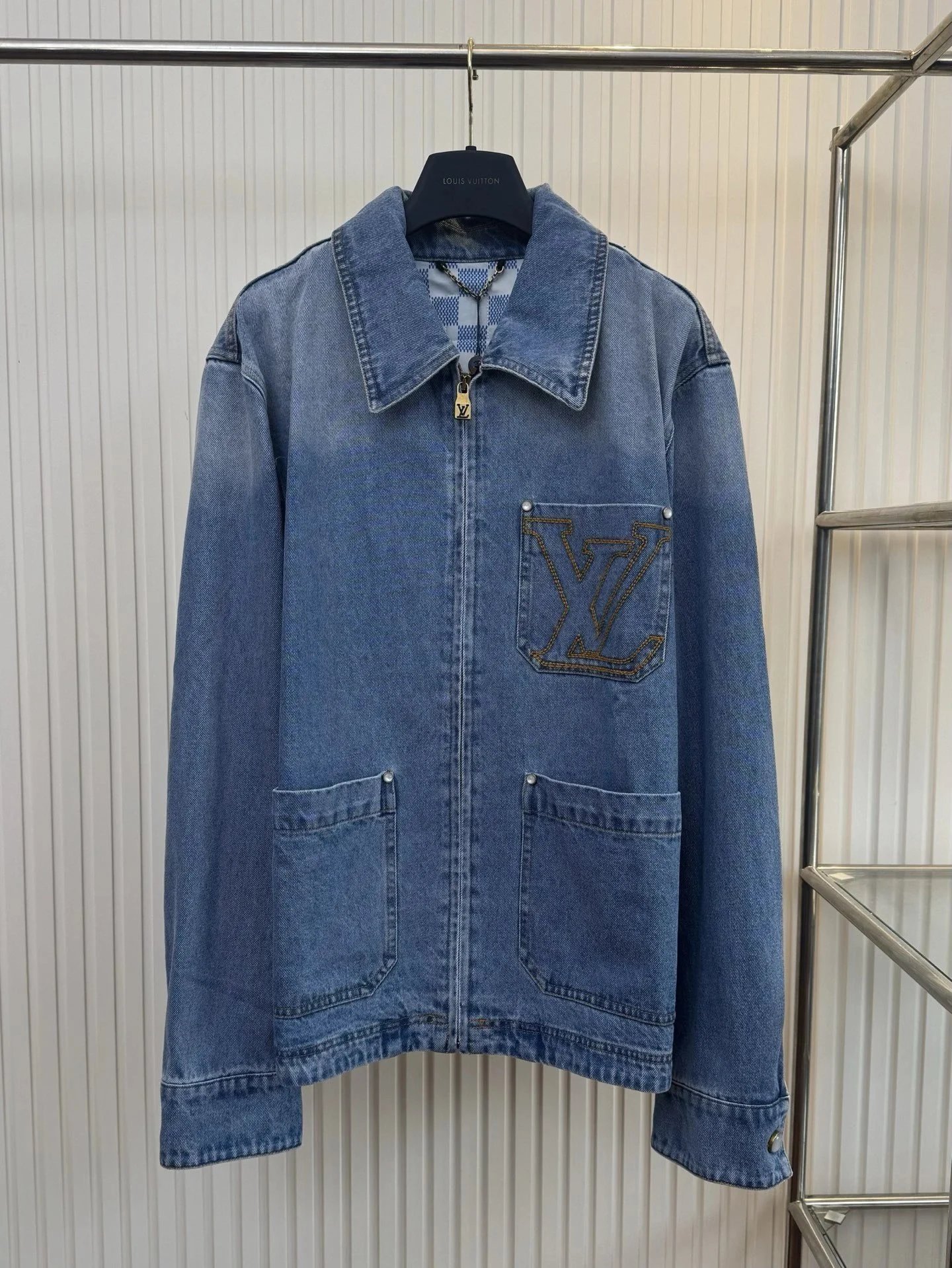 Blue Denim Zip Jacket with Embroidered LV-Style Pocket