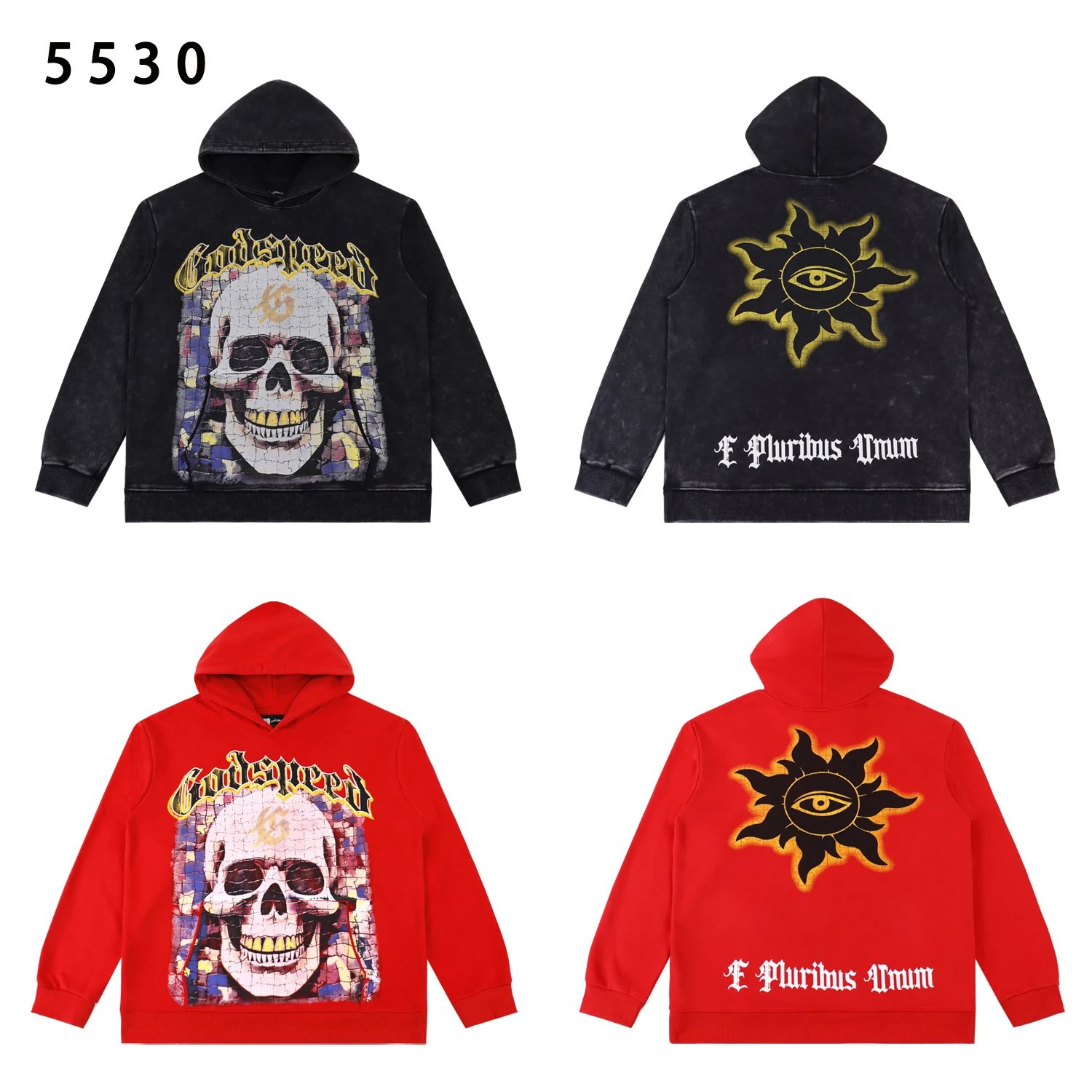 Godspeed Kapuzenpullover mit Totenkopf- und Sonnenauge-Druck
