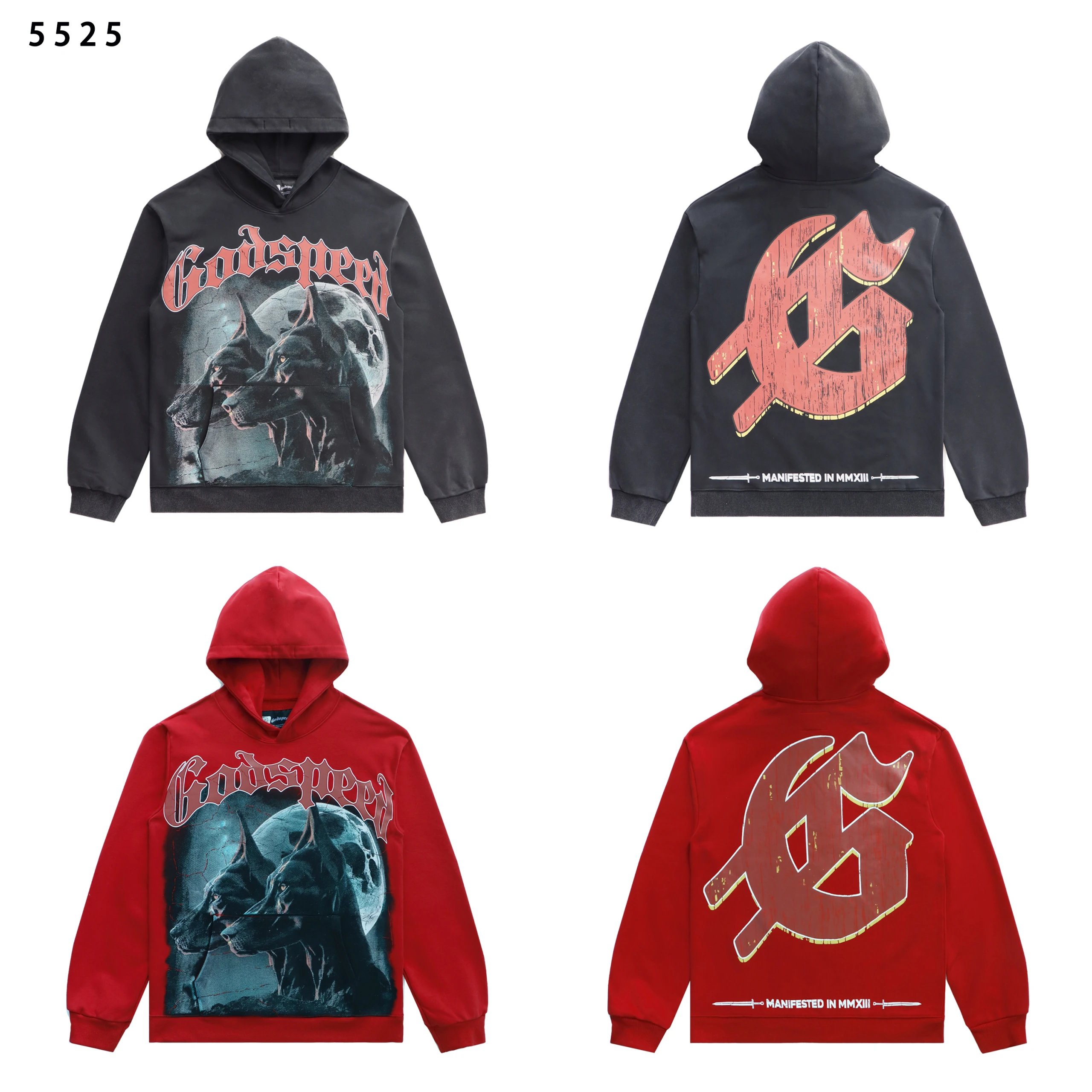 Godspeed Kapuzenpullover mit Hunde-und-Mond-Druck in Washed Black oder Rot