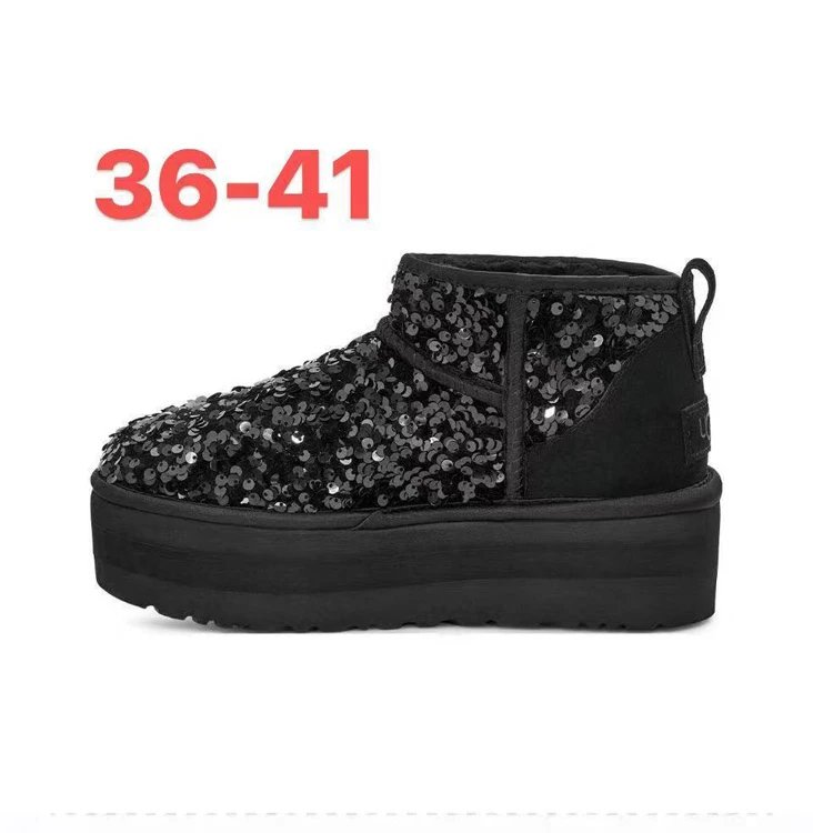Black Sequin Platform Ankle Boots with Pull Tab