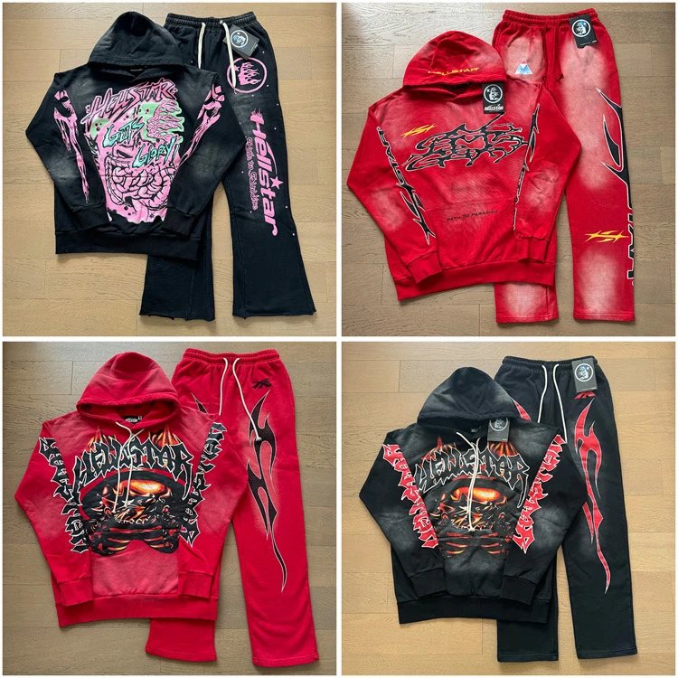 Conjunto de Moletom e Calça Estilo Hellstar Desgastado