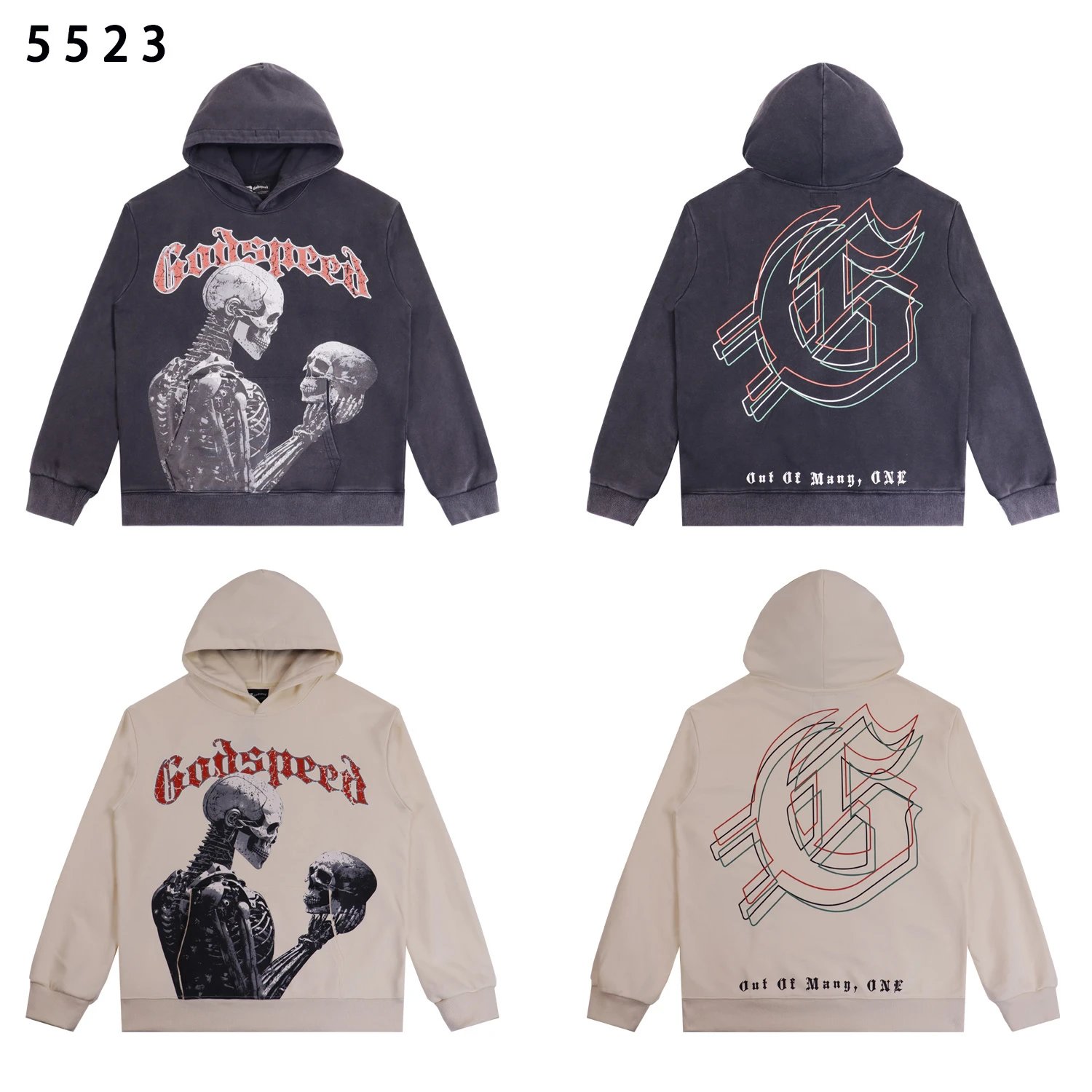 Godspeed Kapuzenpullover mit Skelett-Print in Washed Black oder Aprikose