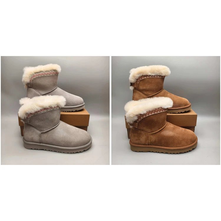 UGG Short Boots with Plush-Looking Cuff and Patterned Trim