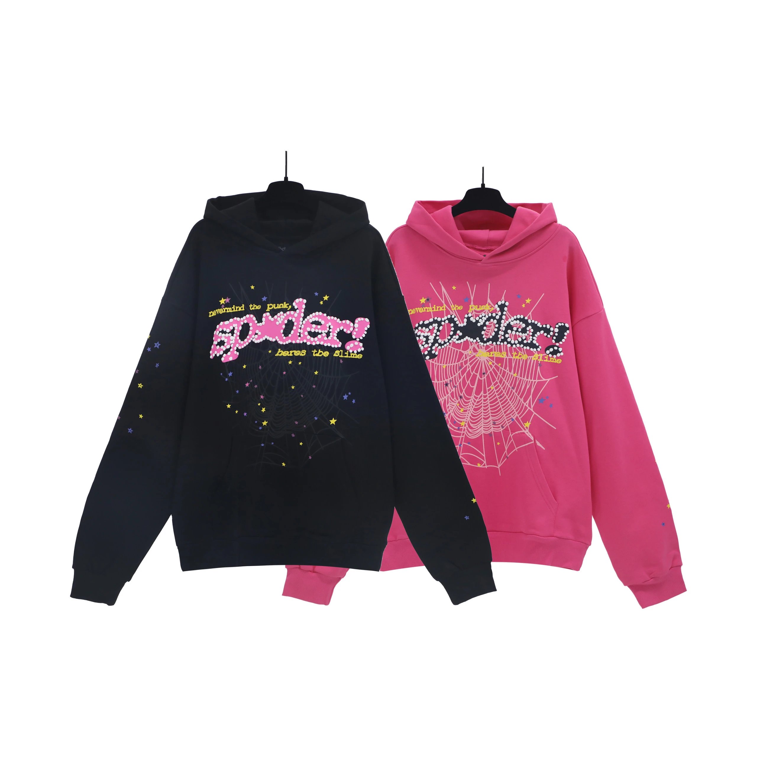 Sp5der hoodie met ster- en spinnenwebprint in zwart of rosérood