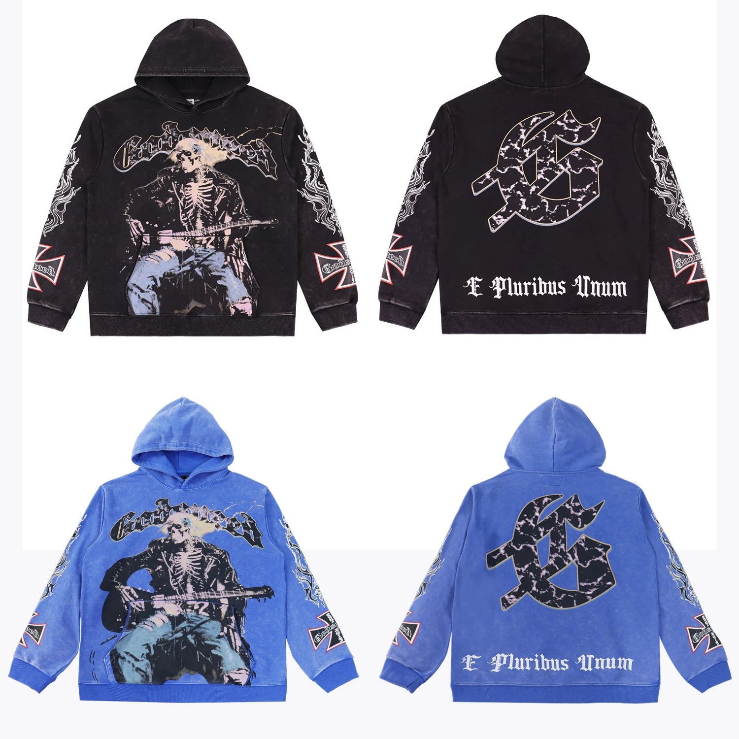 Godspeed Skeleton Guitar Graphic Pullover Hoodie, Washed Blue or Black