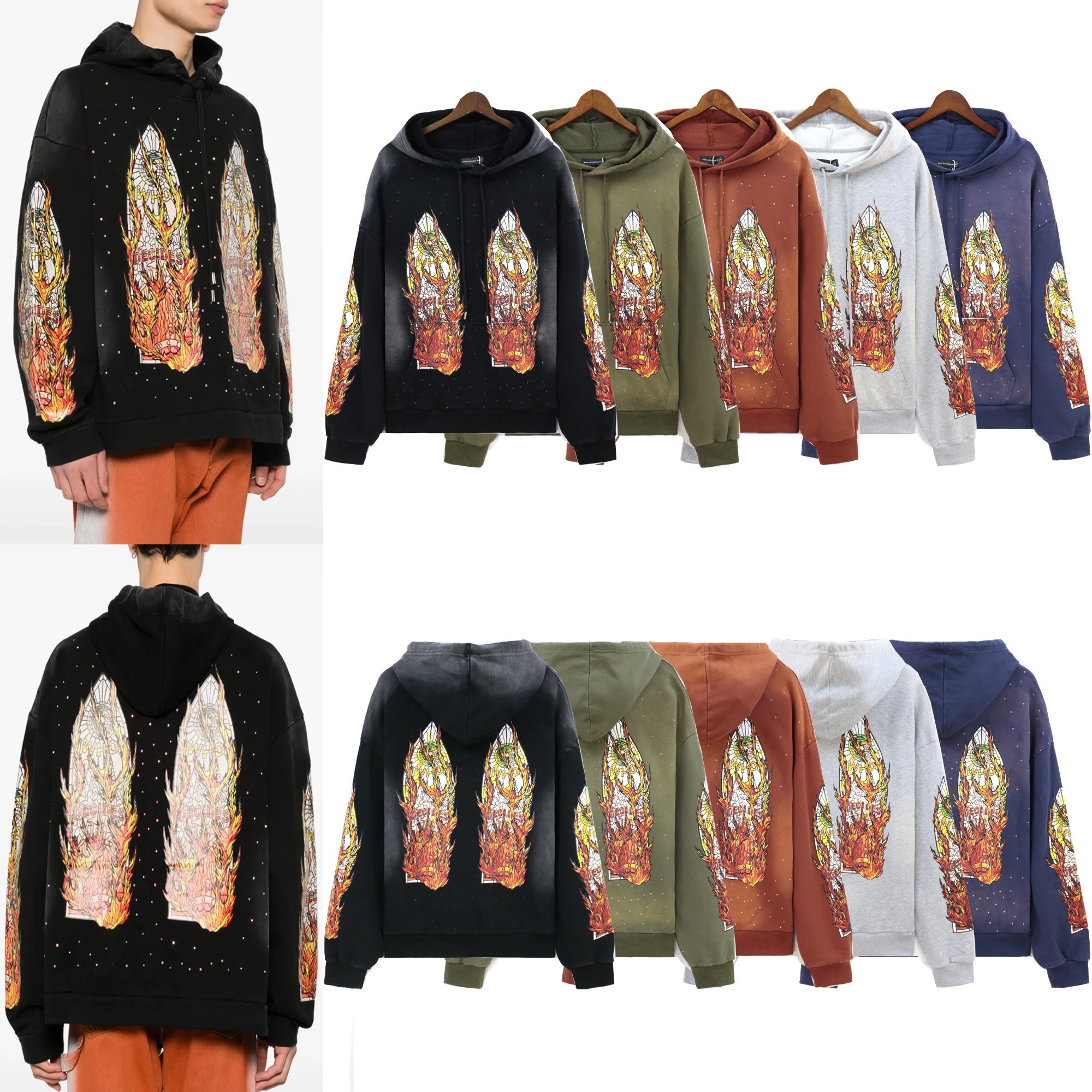 Stained-Glass Flame Graphic Hoodie with Allover Dot Print