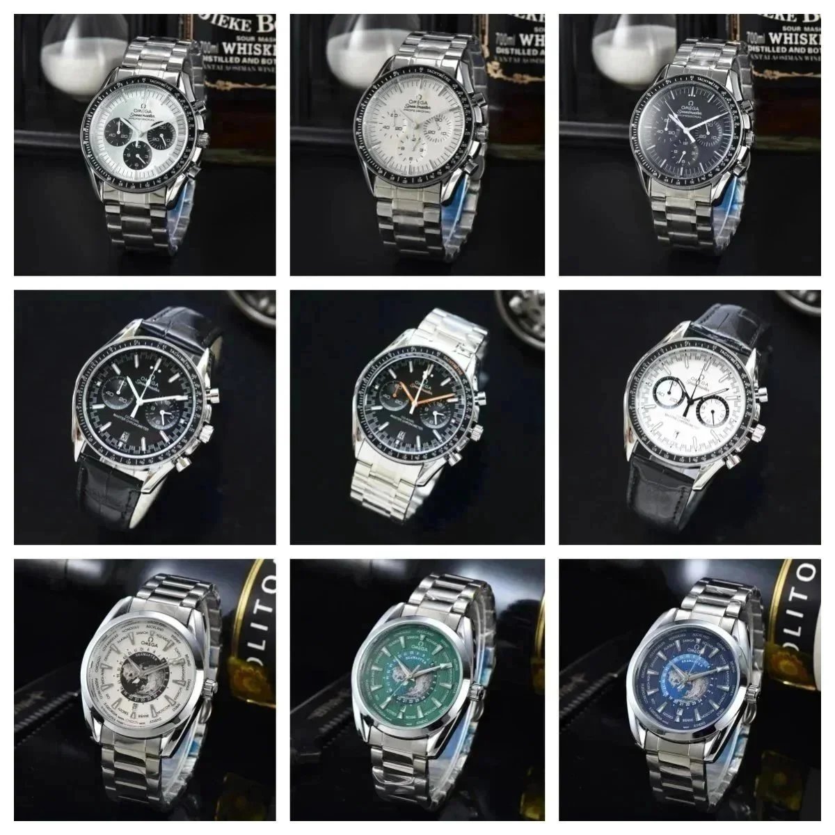 Omega horlogeselectie met chronograaf- en maanfase-achtige wijzerplaten