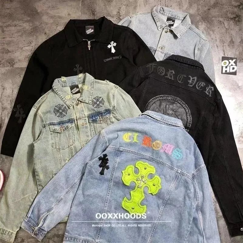 Kurtka o stylu jeansowym Chrome Hearts z grafikami, pięć wzorów