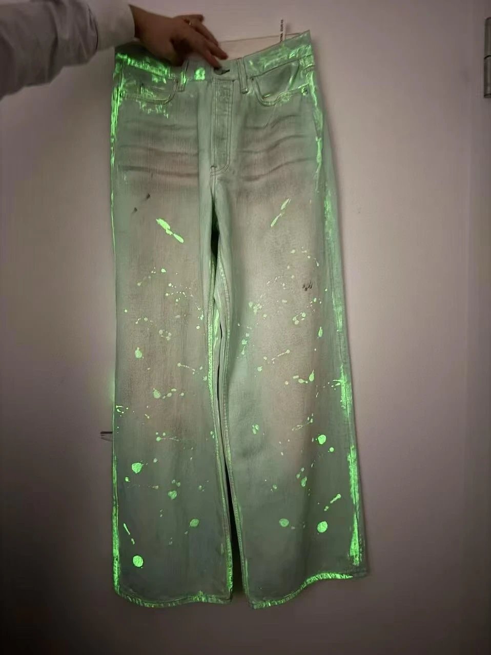 Pale Mint Jeans with Fluorescent Green Splatter
