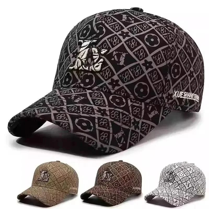 Curved-Peak Baseball Cap with Diagonal Grid and Front Emblem
