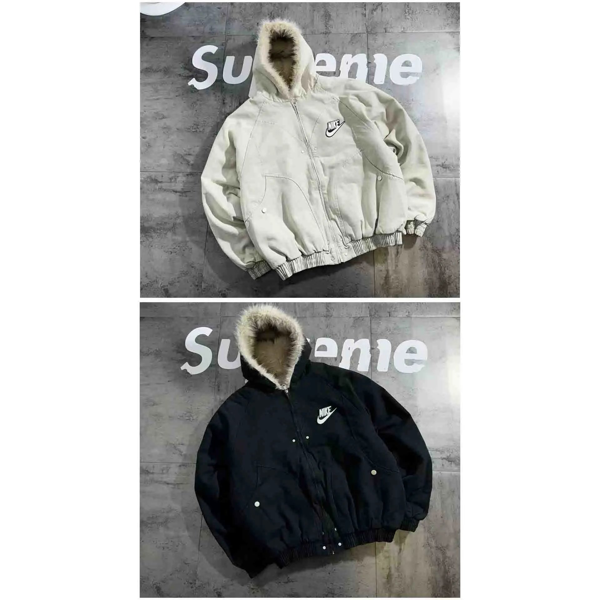 Giacca con cappuccio e zip con bordo effetto pelliccia e swoosh ricamato in nero e panna — M, L, XL, XXL