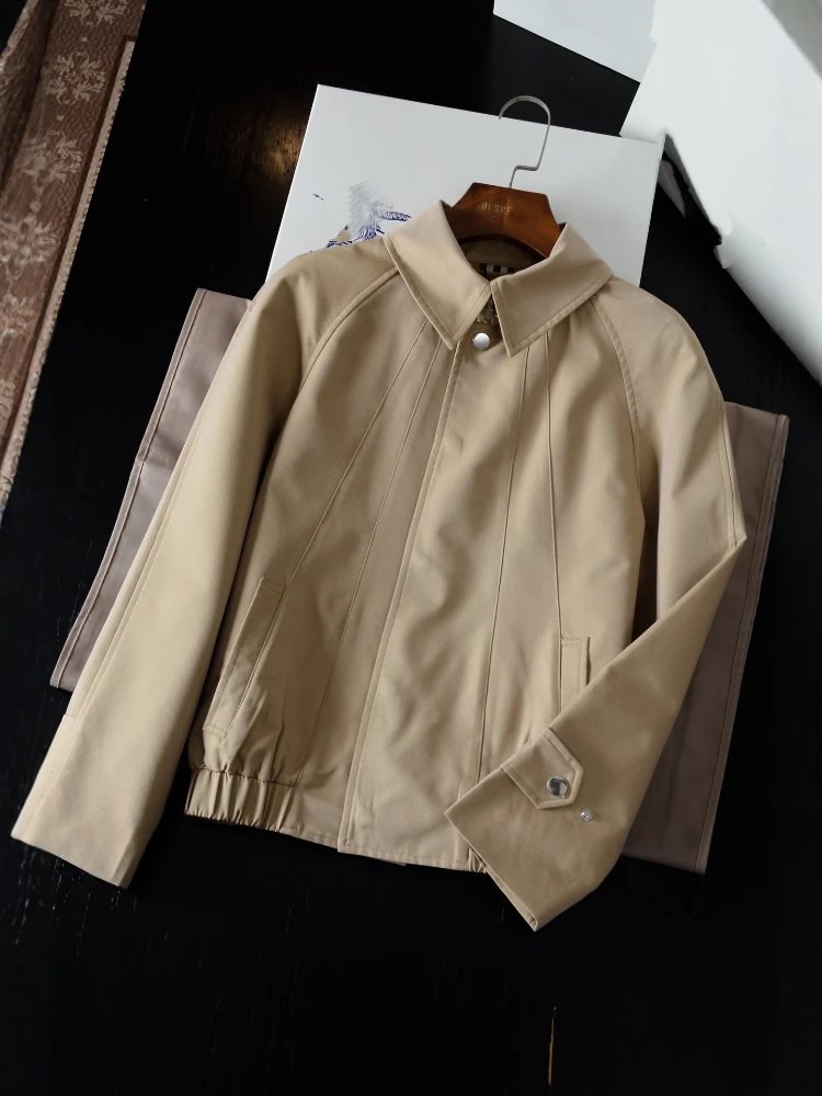 Khaki Short Workwear Jacket with Pointed Collar and Gathered Hem