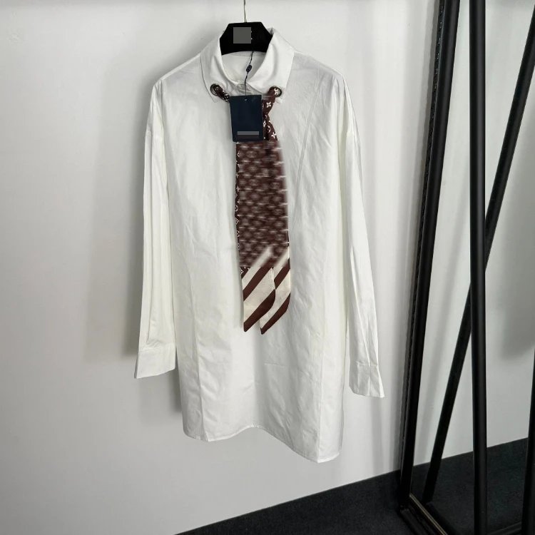 Monogram-Print Tie-Neck Shirt Dress in White and Light Blue — S, M, L