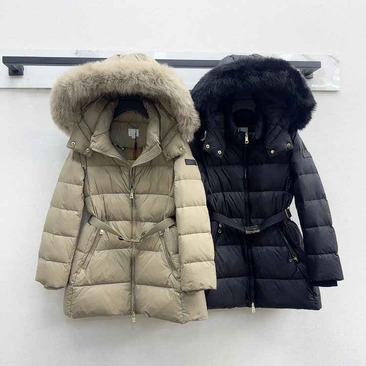 Quilted mid-length coat with fluffy hood trim and webbing belt