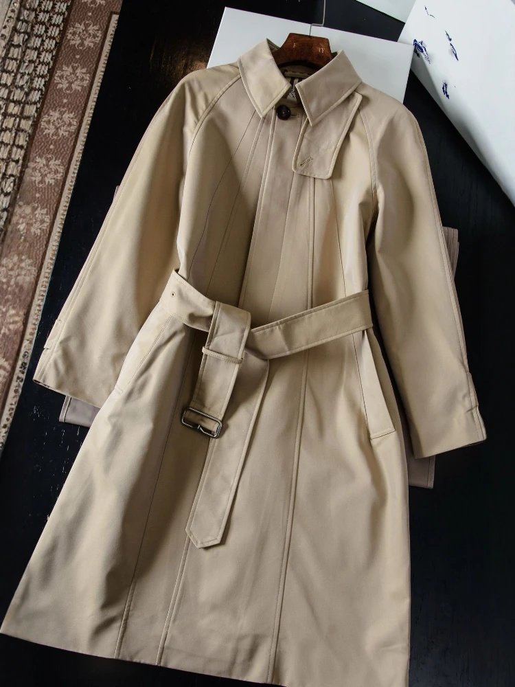 Khaki Mid-Length Trench Coat with Pointed Collar and Self Belt