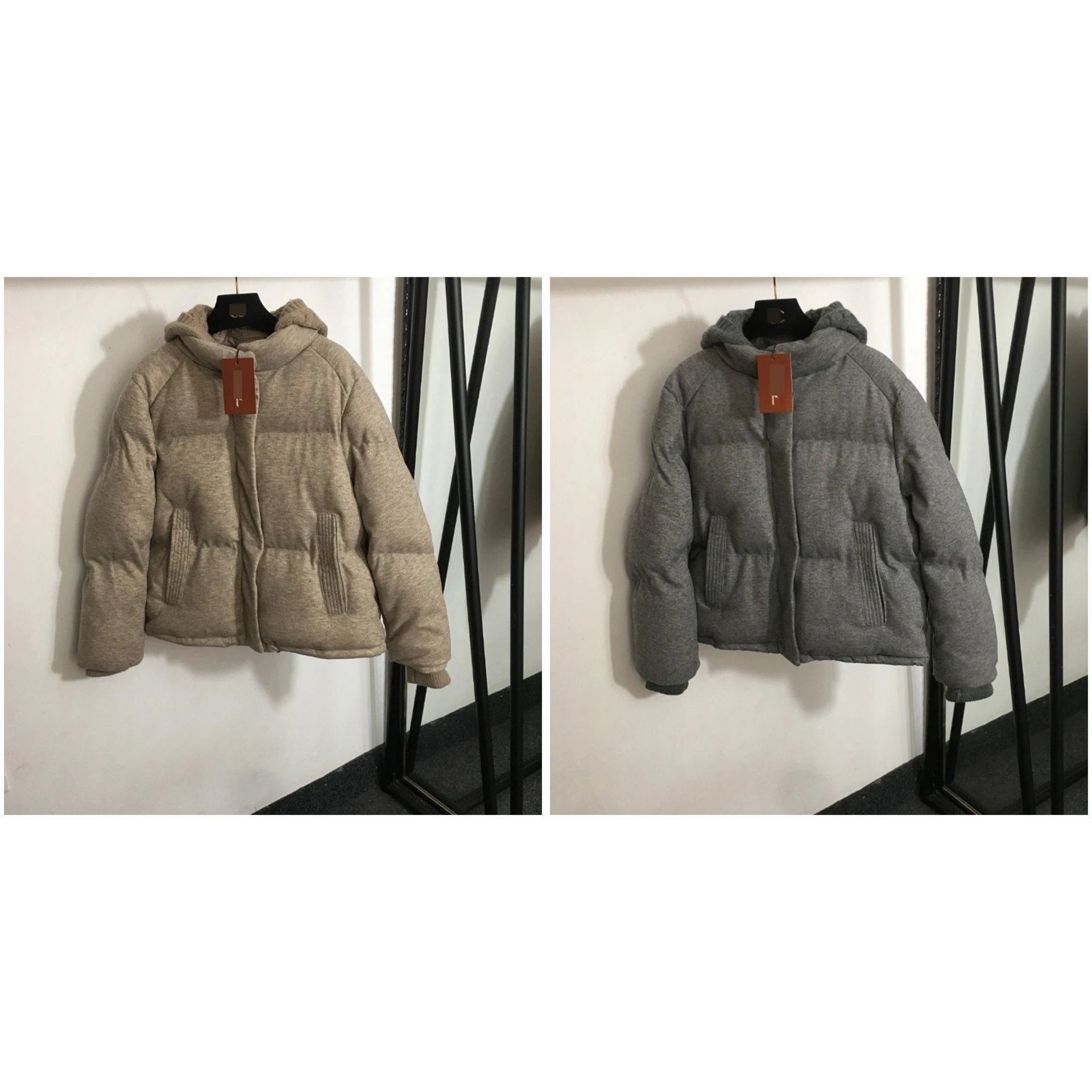 Quilted Hooded Jacket with Cable-Knit Hood in Apricot and Gray — S, M, L