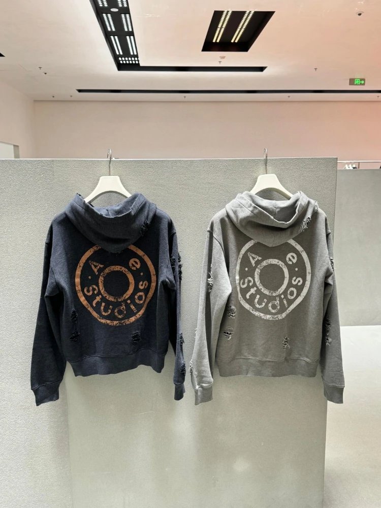 Acne Studios praná mikina s kapucí na zip s kruhovým potiskem a oděrkami