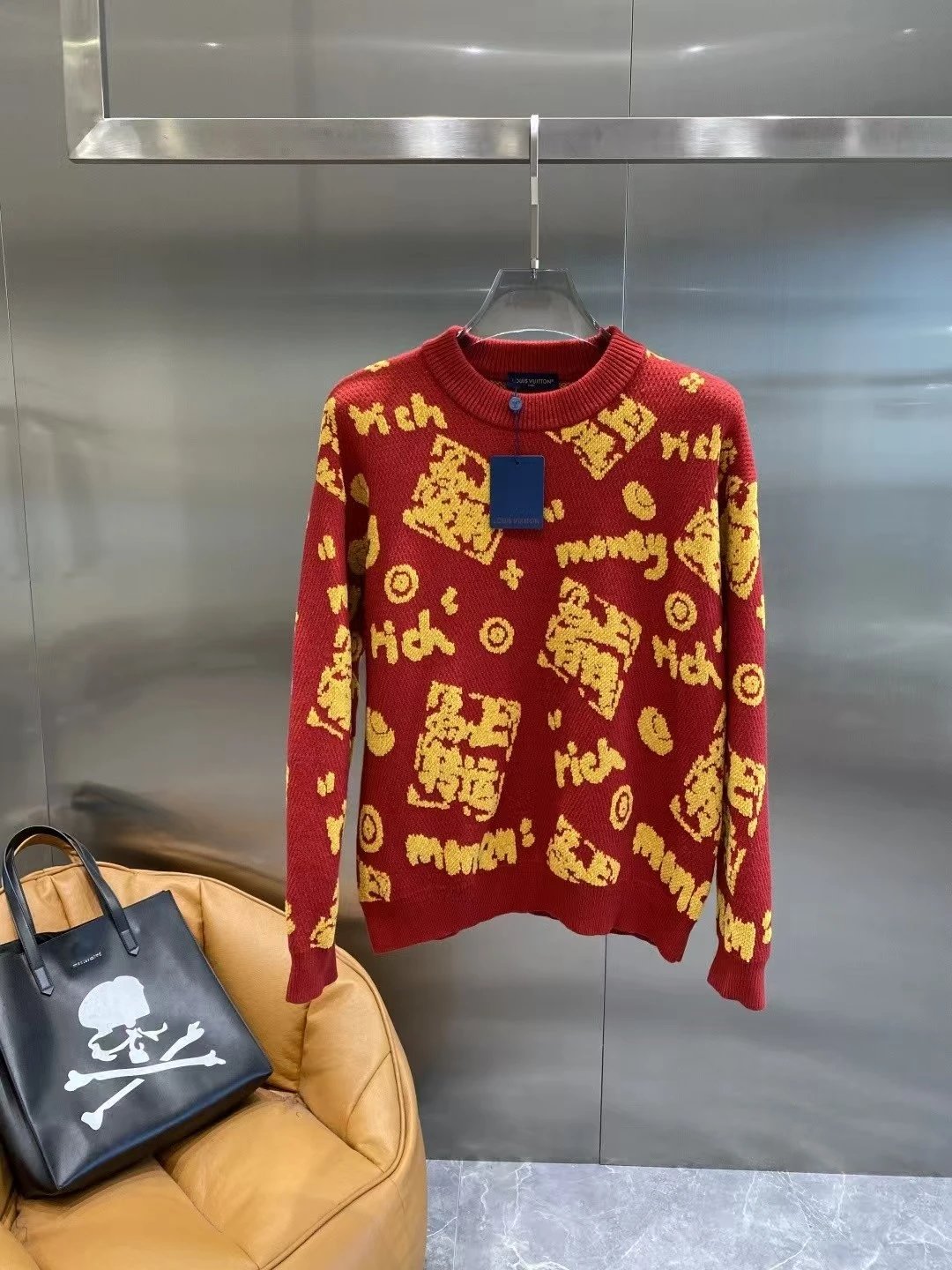 Louis Vuitton Red Jacquard Knit Sweater with Rich and Money Lettering, Sizes M L XL 2XL 3XL