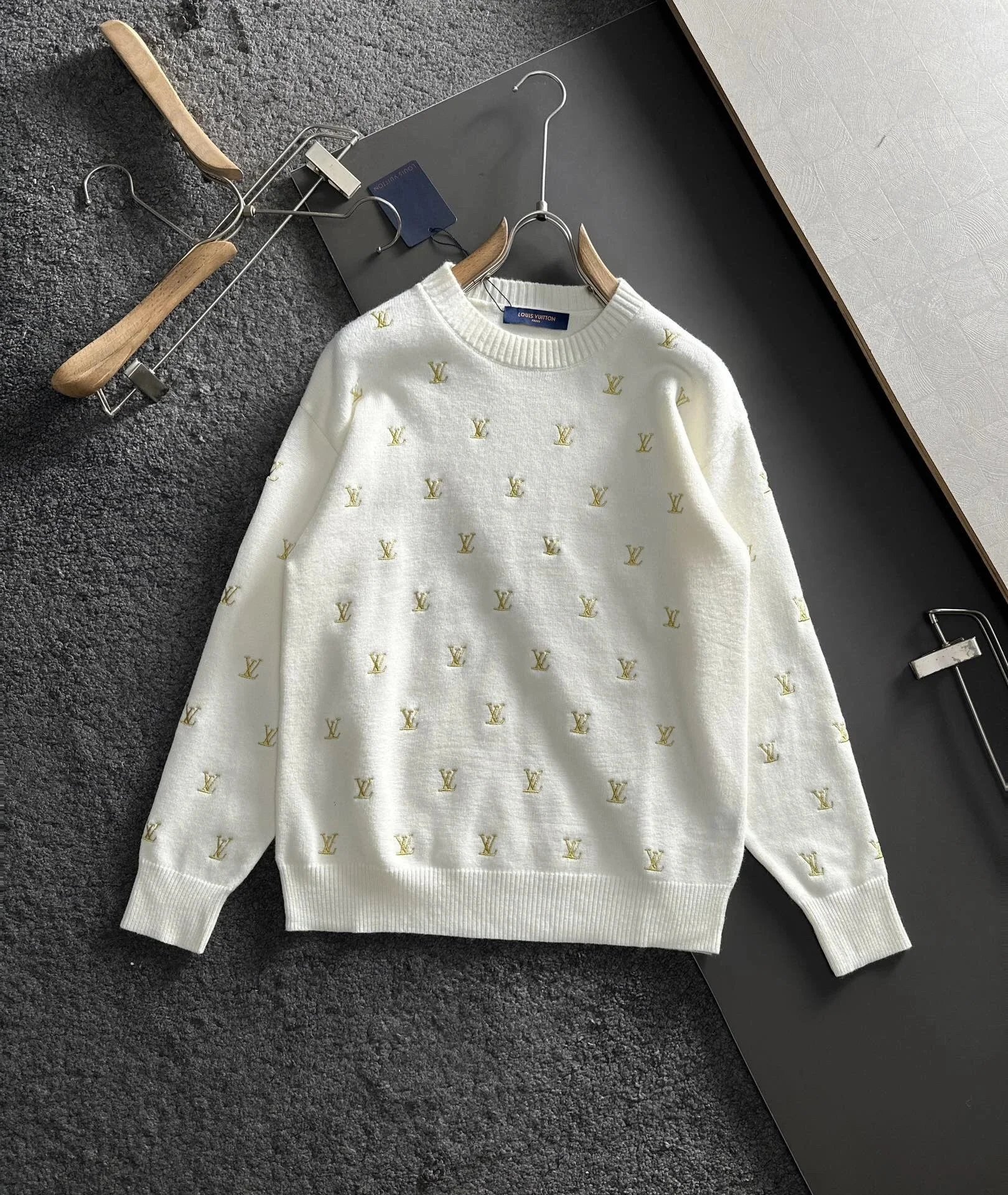 Louis Vuitton Ivory Knit Sweater with All-Over Monogram Embroidery, Sizes S L XL XXL