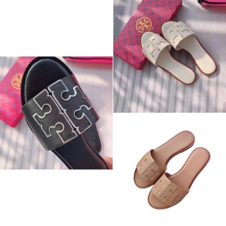 Chinelos slide Tory Burch — tira larga · Bico aberto