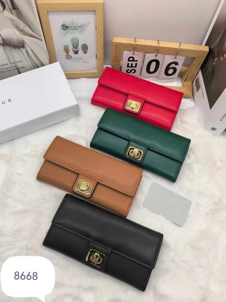 Monedero largo Celine con cierre dorado de giro, cuatro colores, 20cm