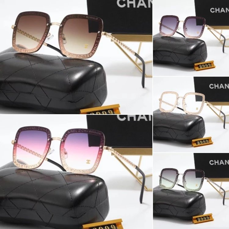 Gafas de sol Chanel cuadradas con montura grabada y patillas de cadena