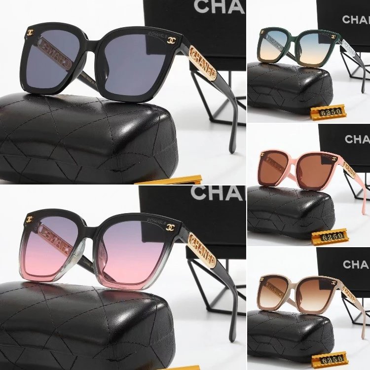 Chanel square sunglasses with stone-set CC emblems and gold temple letters