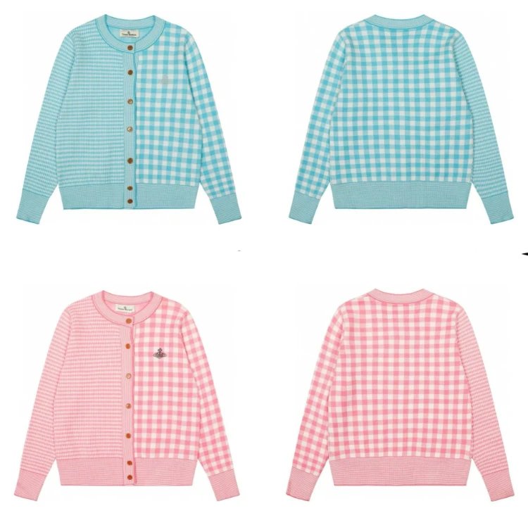 Gebreid vest met ruit en streep en geborduurde bol in blauw en roze — S, M, L