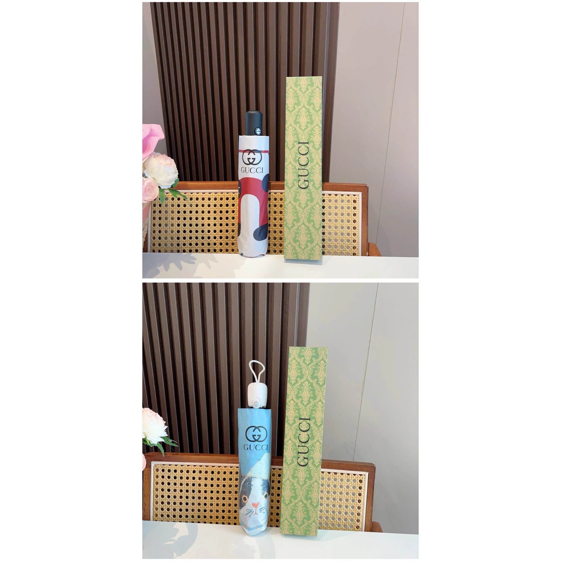 Ombrello pieghevole Gucci con gatti a olio e custodia GG