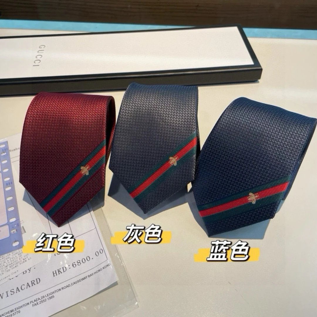 Gucci Bee and Web Striped Tie with Embroidered Bee, Red Gray or Blue