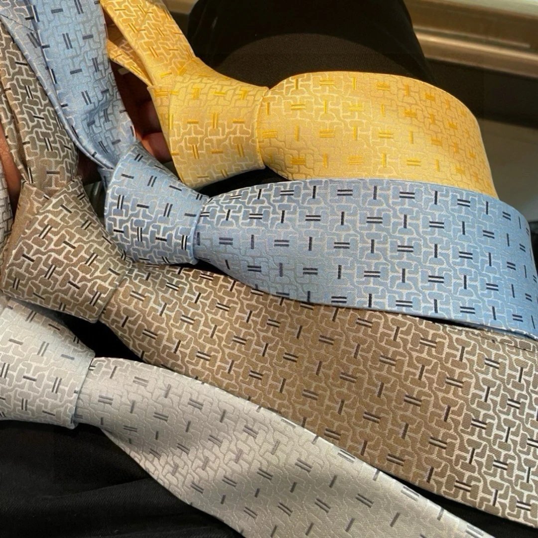 Hermès Interlocking-H Jacquard Neck Tie in Yellow, Light Blue, Light Grey and Taupe