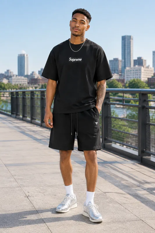 Supreme Graphic Crewneck, Prada Casual Logo Shorts & Retro Low-Profile Striped outfit · Jax