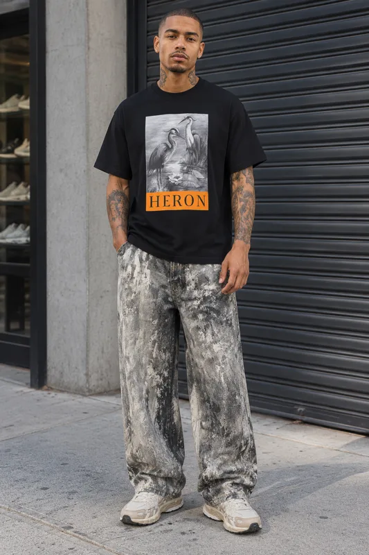 Heron Graphic Print, Grey Wide-Leg Jeans & Nike P-6000 Low-Top outfit · Milo