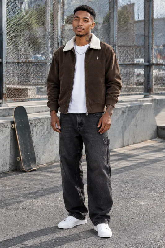 Brown Fleece-Collar Jacket and Charcoal Cargo Jeans · Jax