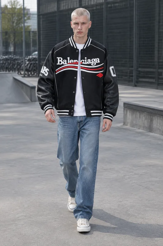 Oversized Black Varsity Jacket with Mid-Blue Jeans